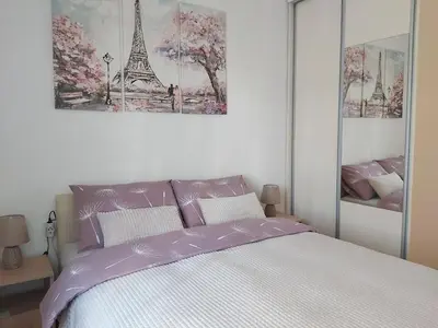 a bedroom with a bed and a picture of the eiffel tower at MLK Diamond Apartments in Starčevica