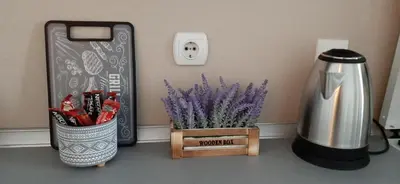 a counter with a container of pens and a coffee pot at MLK Diamond Apartments in Starčevica