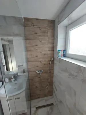 a bathroom with a shower and a sink at Apartman 