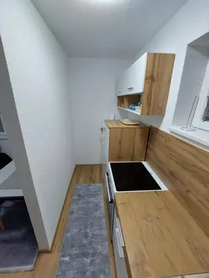 a small kitchen with wooden cabinets and a sink at Apartman 