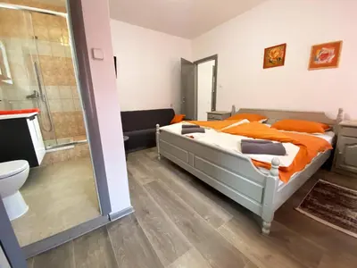 a bedroom with a bed and a shower and a bathroom at Soba za goste Kraljica 3 in Kupres