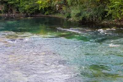 a river with green water and trees in the background at Resort La Familia in Bihać
