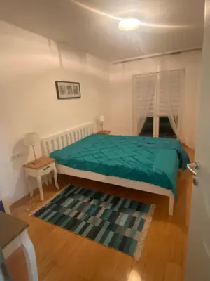 a bedroom with a green bed and a rug at Moon Apartment Bihac in Bihać