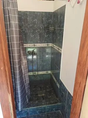 a bathroom with a shower with blue tile at AutoCamp Aqualand in Bihać