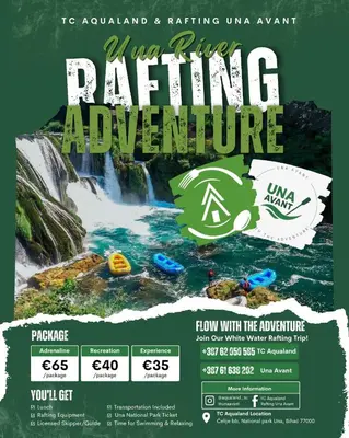 a flyer for a rafting adventure with a waterfall at AutoCamp Aqualand in Bihać