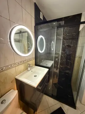 a bathroom with a sink and a shower and a mirror at Luxury Apartment Tuzla in Tuzla