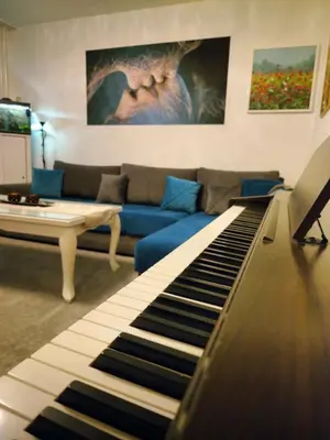 a living room with a blue couch and a piano at Luxury Apartment Tuzla in Tuzla