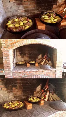 two pictures of a brick oven with a pizza in it at Vikendica Krupa na Vrbasu in Banja Luka
