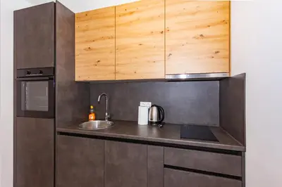 a kitchen with a sink and wooden cabinets at Apartman Krželj B1 in Livno