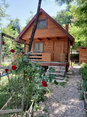 a log cabin with a fence and roses at Pure Nature in Bihać