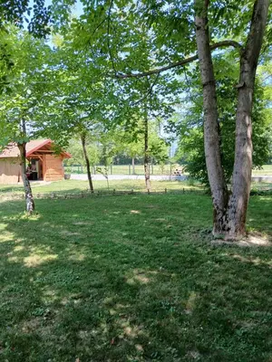 a group of trees in a field with a building at Pure Nature in Bihać