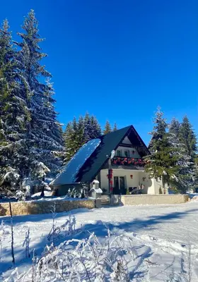 a building with a blue roof in the snow at Farmhouse Dženi in Vlasic