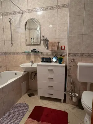 a bathroom with a sink and a tub and a toilet at Apartman Ajla in Bihać