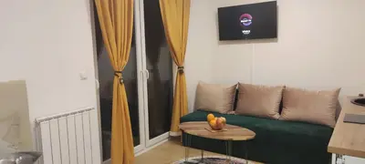 a living room with a green couch and a table at Apartmani Sarah 4 Tuzla in Tuzla