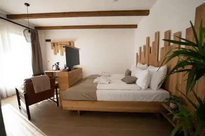 a bedroom with a bed and a desk with a television at Zemunice Knezevic in Banja Luka