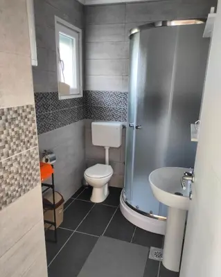a bathroom with a toilet and a shower and a sink at Vikendica sa bazenom Staša in Banja Luka