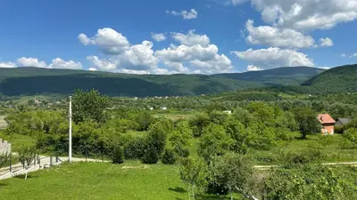 a view of a field with trees and mountains at B&B Hills Bihać in Bihać