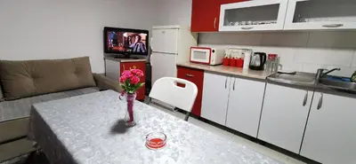 a kitchen with a table with a vase of flowers on it at Apartman Delic in Lukavac
