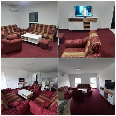 three different views of a living room with red furniture at AQUA VET Velika Kladuša in Velika Kladuša