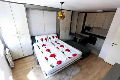a bedroom with a bed with red roses on it at Apartman Skver in Tuzla