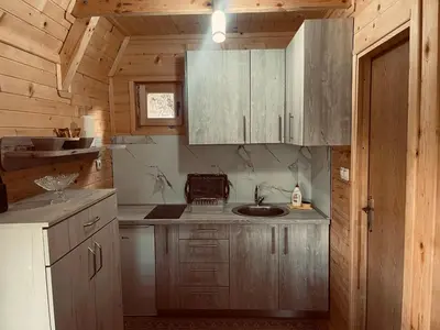 a kitchen with a sink and wooden walls and cabinets at Vikendica VIDIKOVAC na Piramidi Sunca in Visoko
