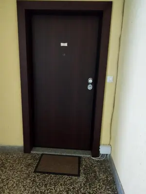 a brown door with a mat in front of it at Apartman Sandi in Novi Travnik