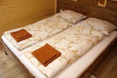 a bed with two pillows on top of it at Eko kuca Jandro in Šipovo
