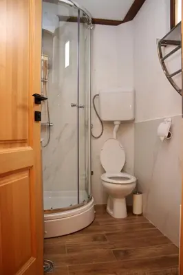 a bathroom with a toilet and a glass shower at Eko kuca Jandro in Šipovo