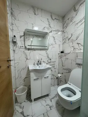 a white bathroom with a toilet and a sink at Aparmani Karanovic in Zavidovići