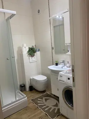 a bathroom with a toilet and a sink and a washing machine at Alexandra apartment in Banja Luka