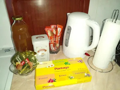 a kitchen counter with a pizza box and a blender at Stan na dan Apartman Kozarac in Kozarac