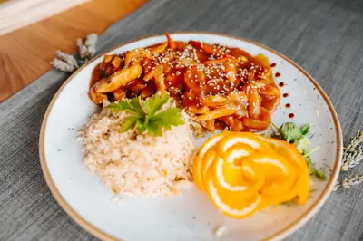 a plate of food with rice and chicken and vegetables at Hotel GOLD JET Bihać in Bihać