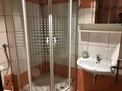 a shower and a sink in a bathroom at Pansion Vlašić Ski in Šišava