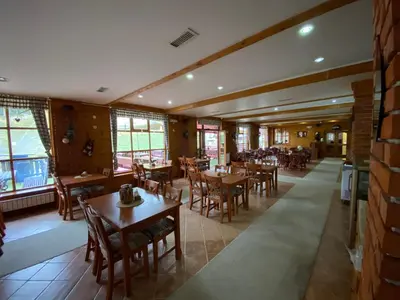 a restaurant with wooden tables and chairs and windows at Pansion Vlašić Ski in Šišava