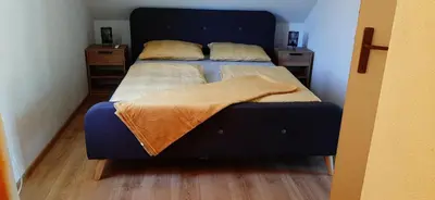 a bedroom with a bed with a blue bed frame at Holiday home Dani in Bihać