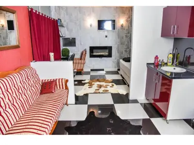 a living room with a couch and a fireplace at Amsterdam in Banja Luka