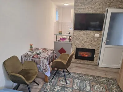 a living room with a table and chairs and a fireplace at Apartmani Villas in Visoko