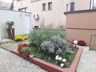 a garden with plants and flowers in front of a building at Apartmani Villas in Visoko