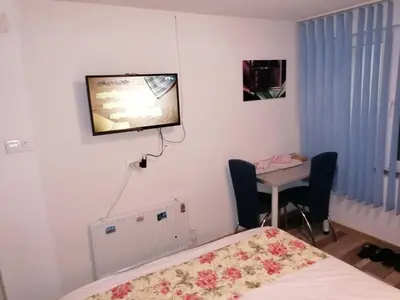 a room with a bed and a table and a tv at Apartmani Milica in Banja Luka