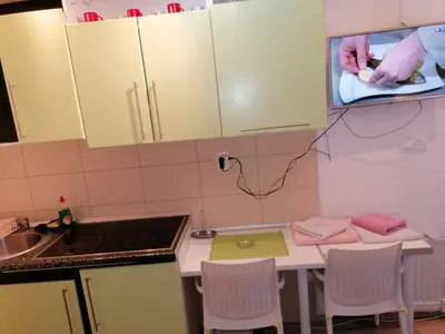 a kitchen with a sink and a table with chairs at Apartmani Milica in Banja Luka