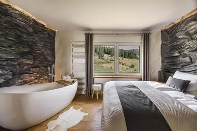 a bedroom with a bath tub and a large stone wall at Euphoria - luxury villa in Vlasic