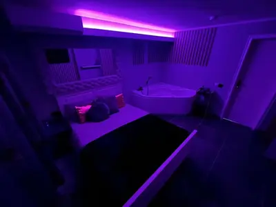 a purple room with a bed and a bath tub at Apartman Banja Luka CITY in Banja Luka