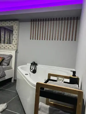 a white bath tub in a room with a bed at Apartman Banja Luka CITY in Banja Luka