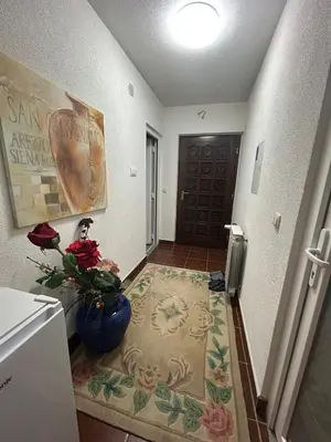 a hallway with a door and a vase of flowers at Stara Ruža in Gračanica