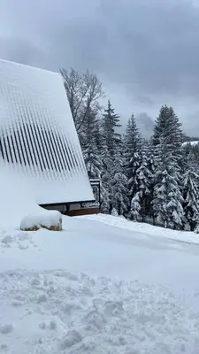 a building covered in snow with trees in the background at Alpi Cabin Pridolci in Busovača