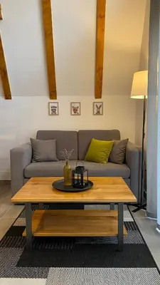 a living room with a couch and a coffee table at Alpi Cabin Pridolci in Busovača