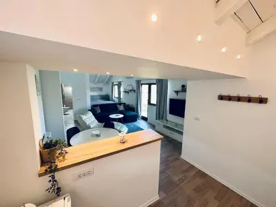 a room with a kitchen and a living room at Vila Milincic Loft Milincic in Banja Luka