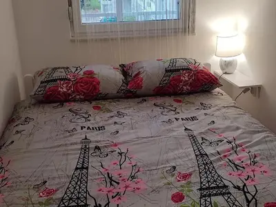 a bed with a bedspread with the words paris at Apartmani Elix in Banja Luka