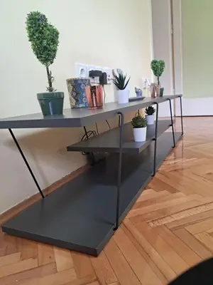 a black table with potted plants on it at Apartman 2E in Tuzla