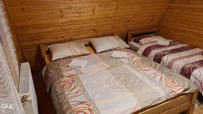 two twin beds in a room with wooden walls at Villa Almedina Spa in Vlasic